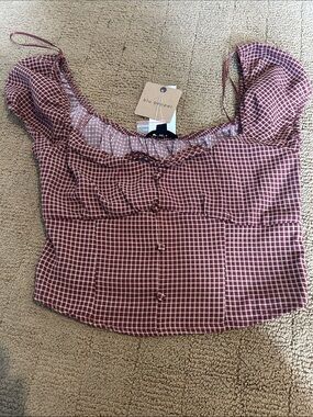 Blu Pepper Burgundy Plaid Square-Neck Crop Top with Button Front